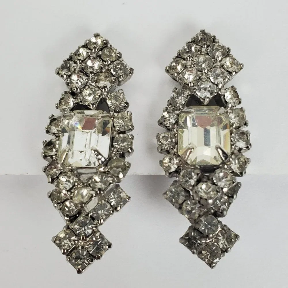 Vintage Clear Crystal Rhinestone Glass Statement Silver Tone Clip‎ On Earrings - Picture 3 of 10